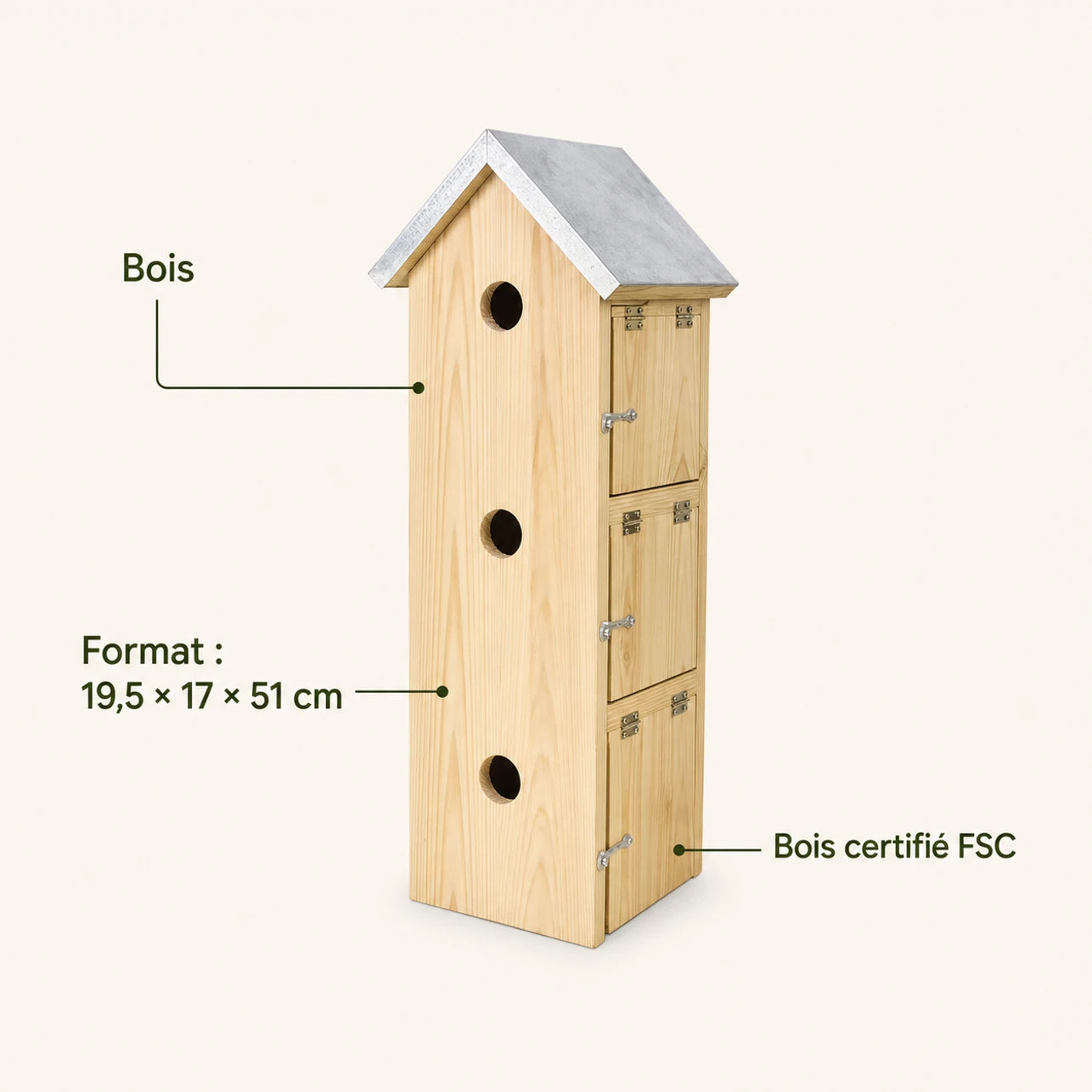 Birdhouse with multiple compartments in pine with zinc roof size 19,5 × 17 × 51 cm — photo 4