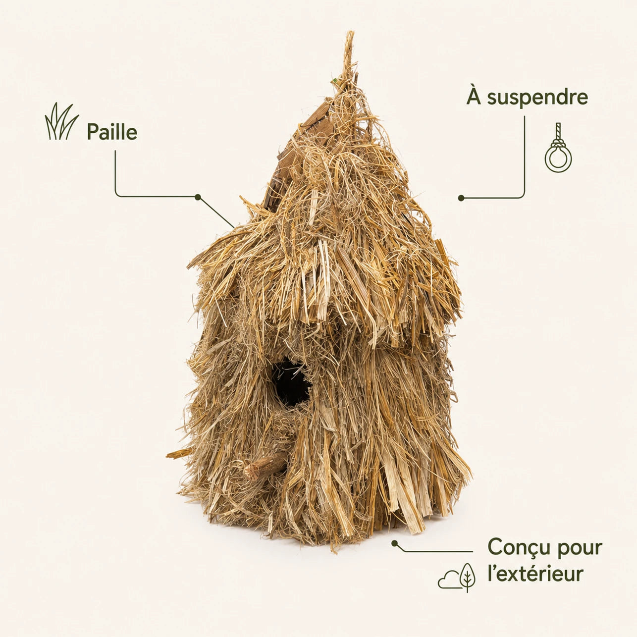 Birdhouse hanging in straw with roof of thatch — photo 4