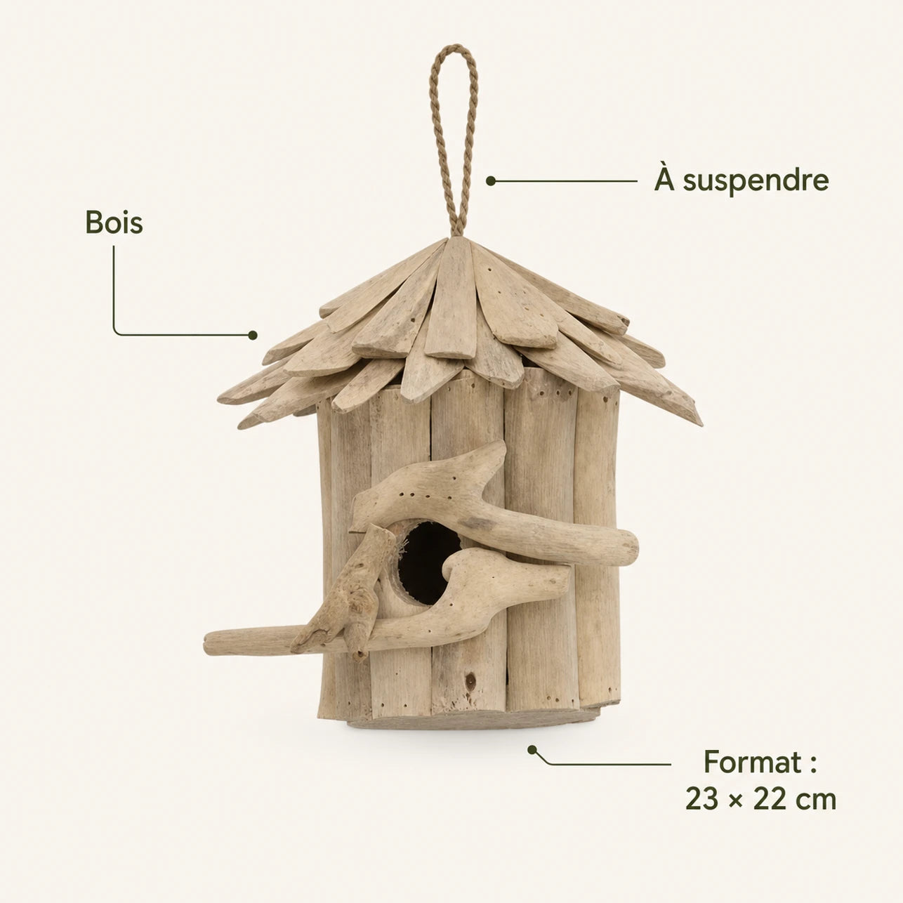 Birdhouse hanging in wood beige size 23 × 22 cm — photo 4