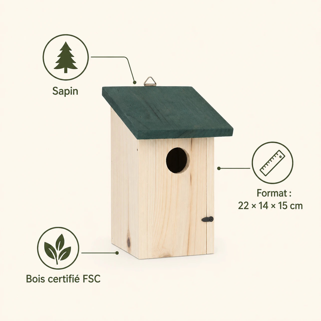 Birdhouse in fir with green roof size 22 × 14 × 15 cm — photo 4