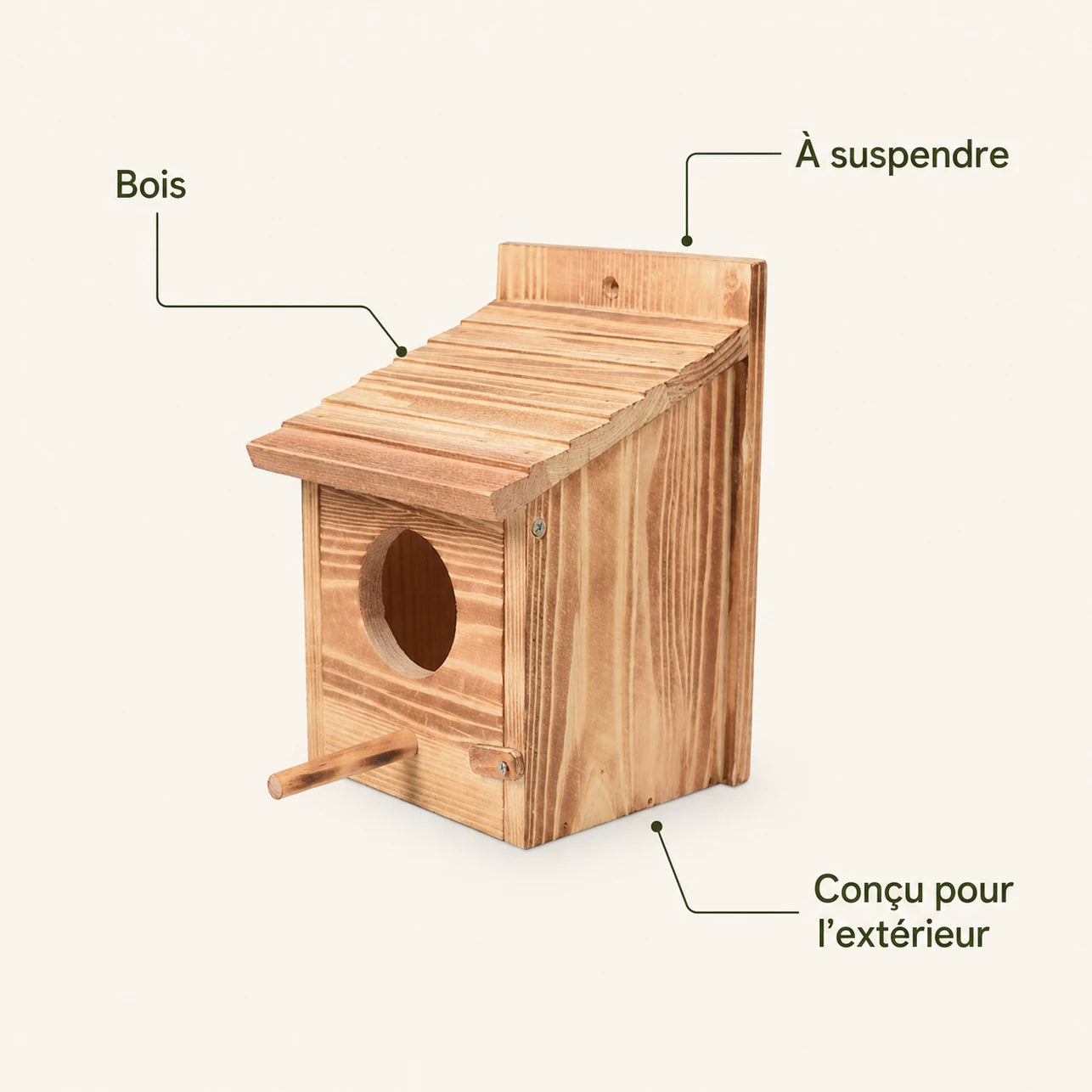 Birdhouse hanging in wood with roof with slats — photo 4