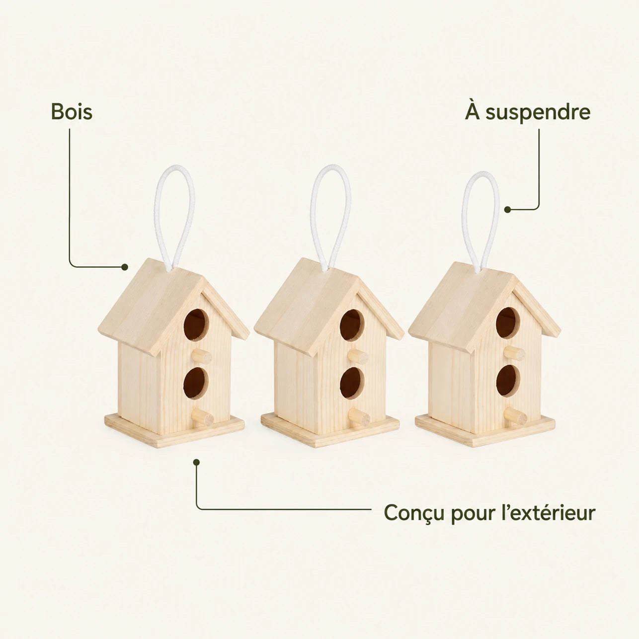 Set of 3 birdhouses in wood beige — photo 4