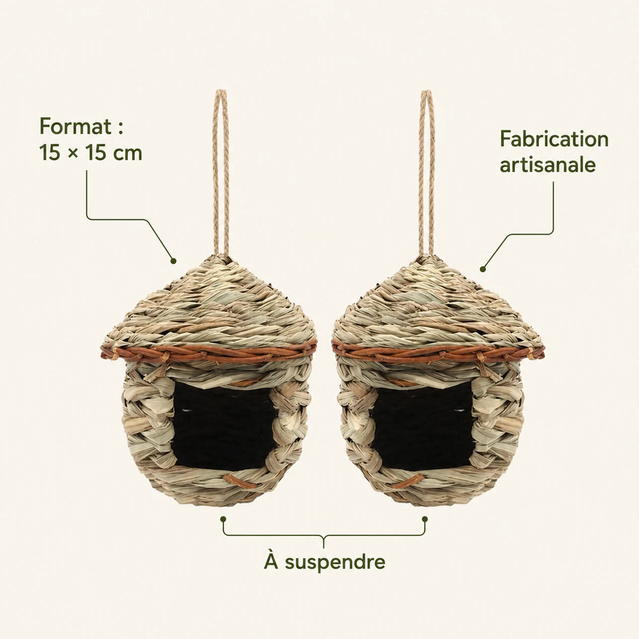 Set of 2 birdhouses hanging beige size 15 × 15 cm — photo 4