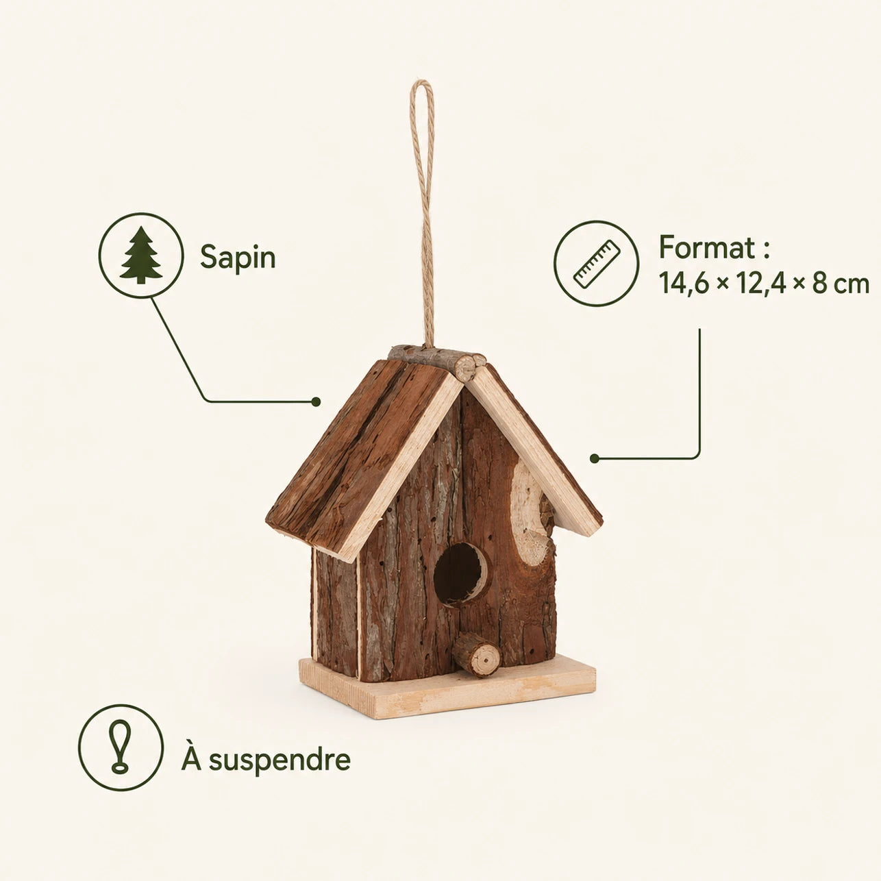 Birdhouse hanging in fir size 14,6 × 12,4 × 8 cm — photo 4