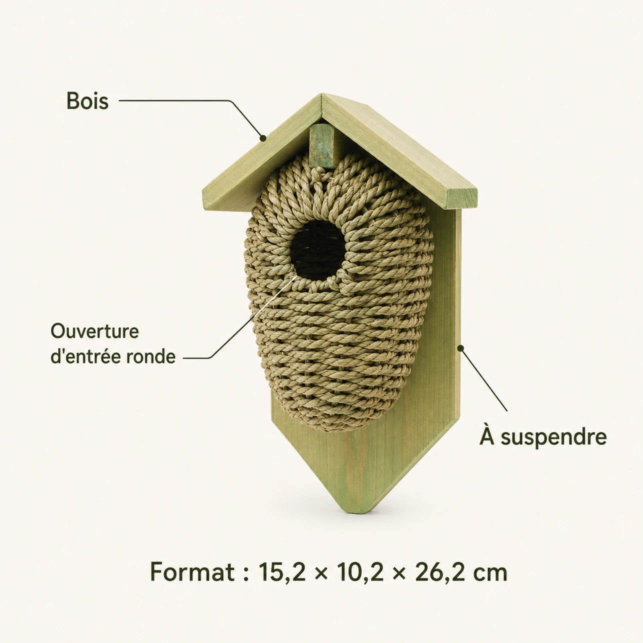 Birdhouse in wood and seagrass green size 15,2 × 10,2 × 26,2 cm — photo 4