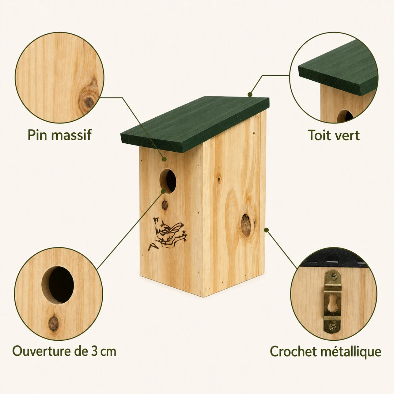 Birdhouse hanging in wood with green roof brown size 12 × 12 × 22 cm — photo 4