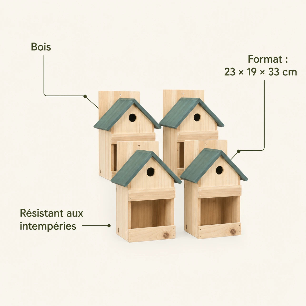 Set of 4 birdhouses observation in fir with green roof beige size 23 × 19 × 33 cm — photo 4