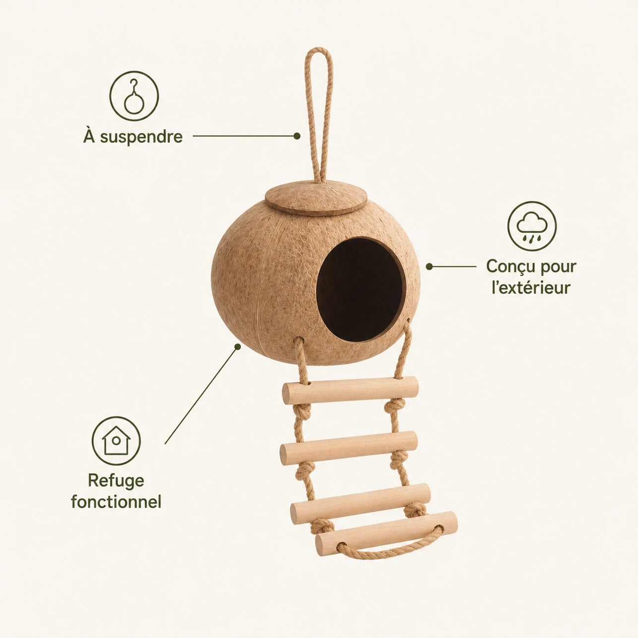 Birdhouse hanging in coconut shell with swing — photo 4