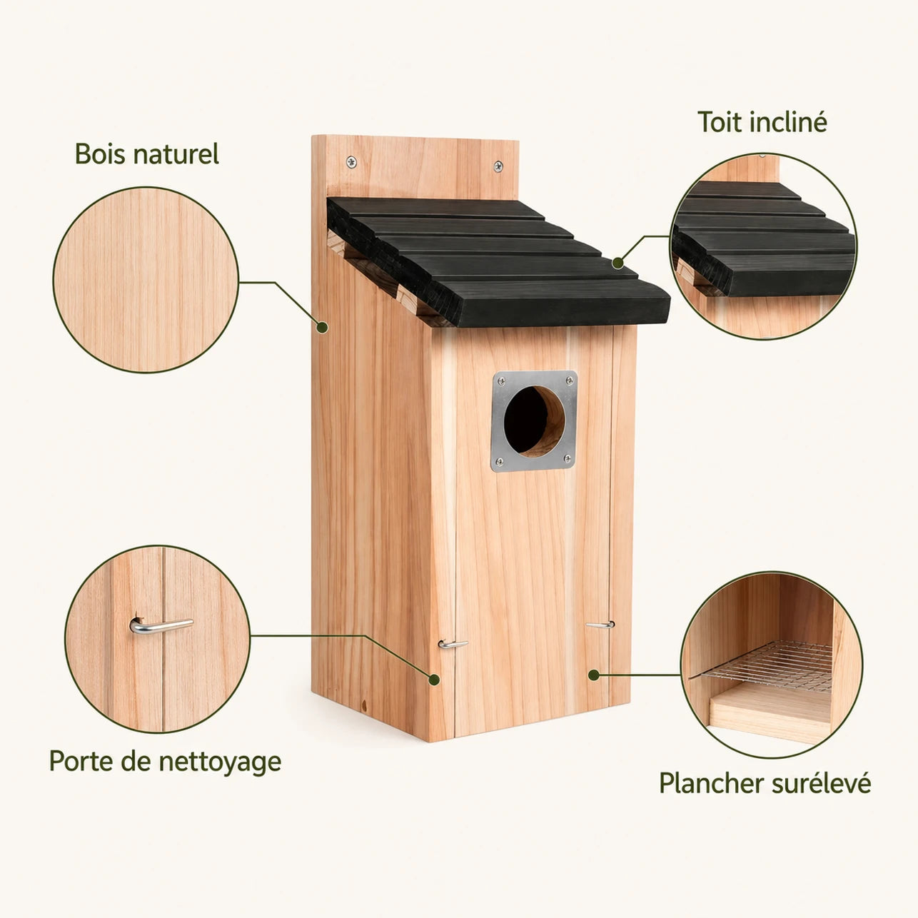 Birdhouse in wood beige with roof black and entrance metal — photo 4