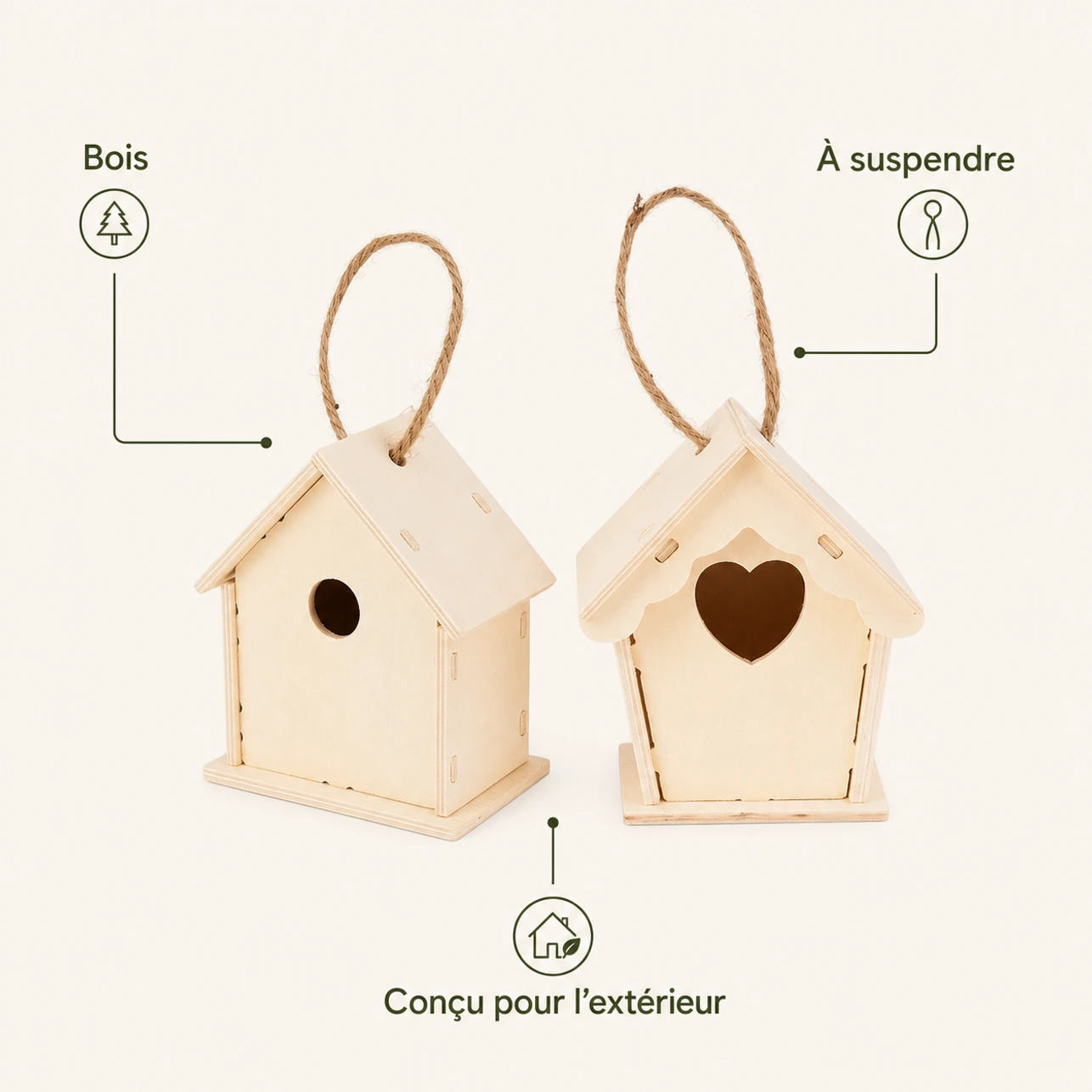 Set of 2 birdhouses hanging in wood with entrances assorted — photo 4