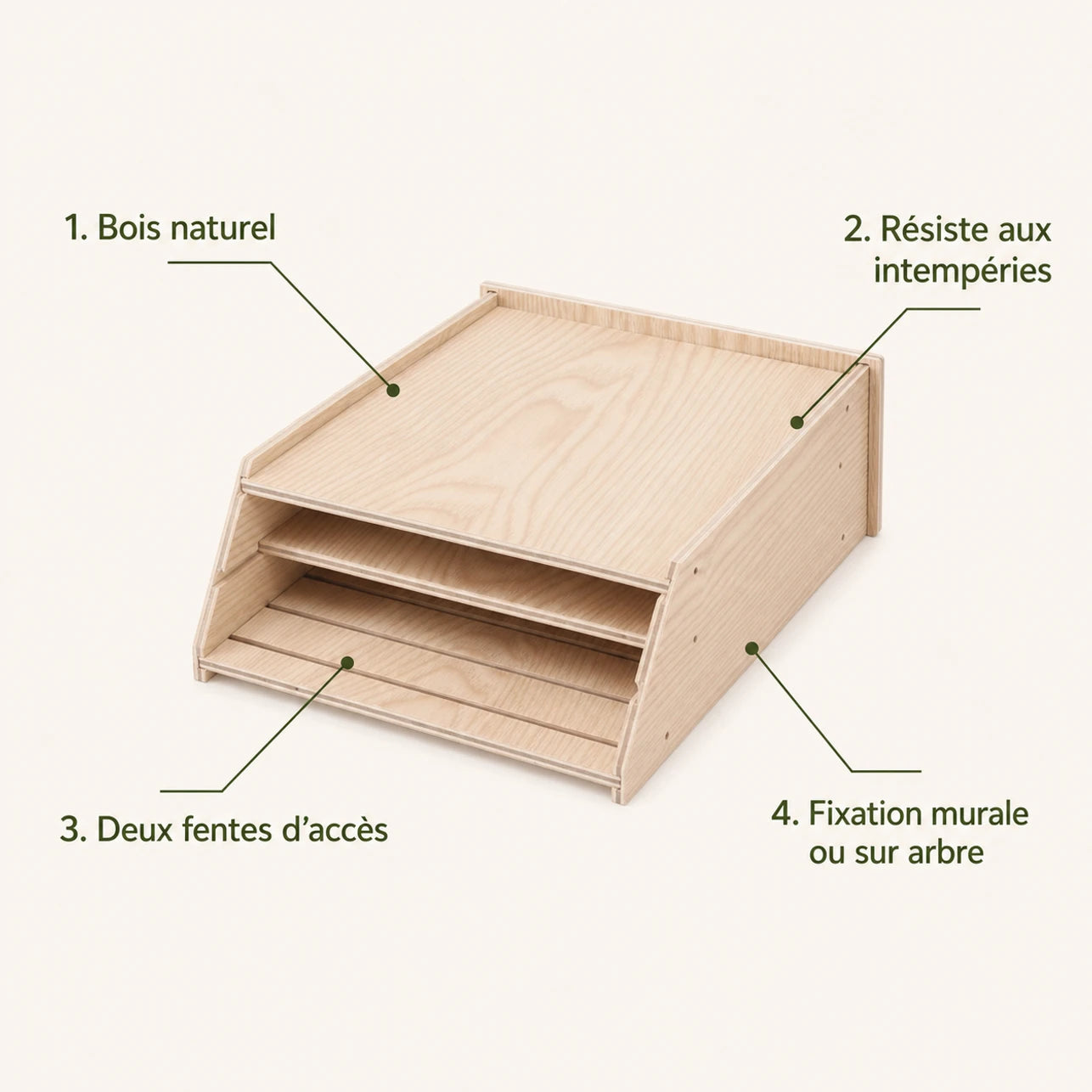 Birdhouse semi-open in wood with canopy sloping — photo 4