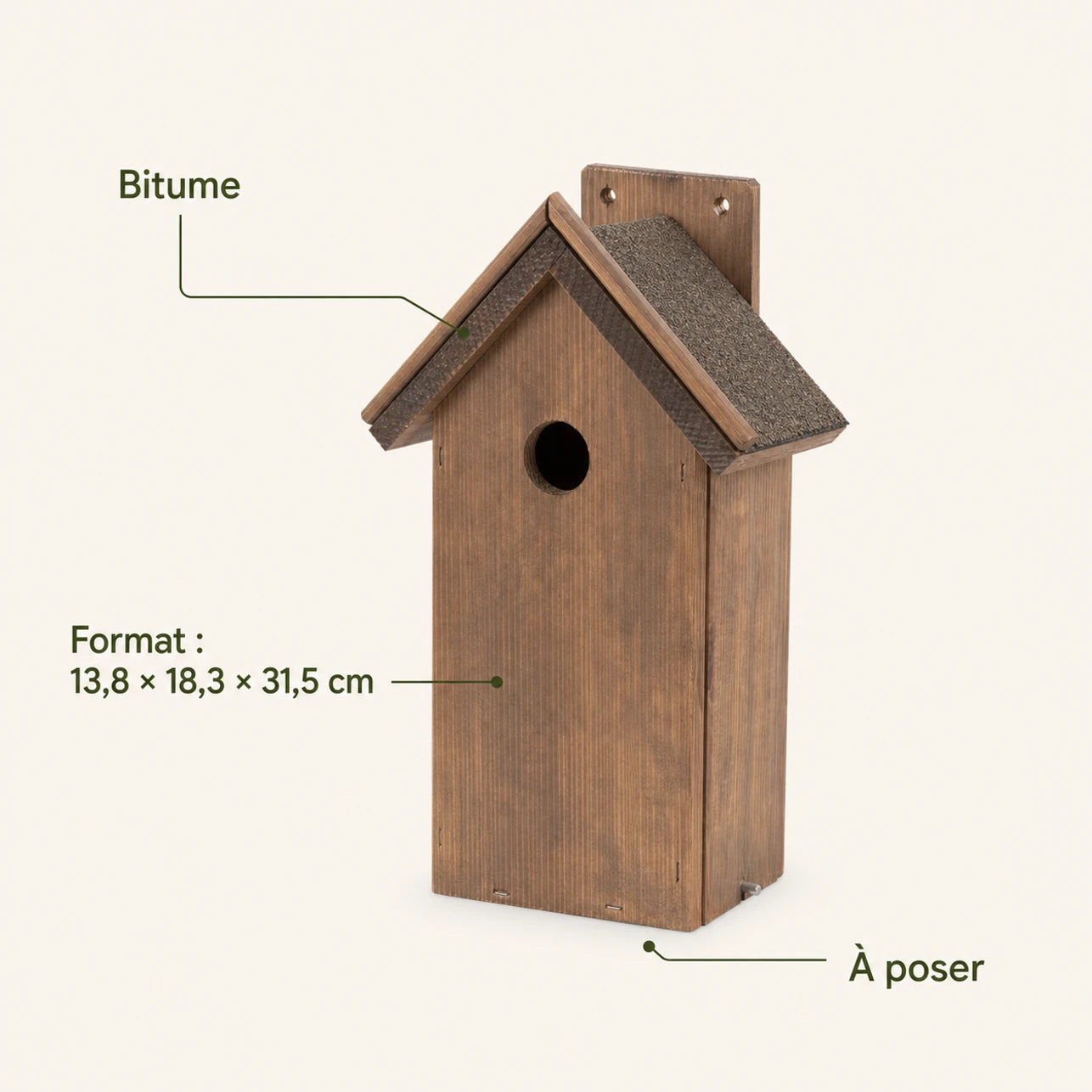 Birdhouse with bitumen roof brown size 13,8 × 18,3 × 31,5 cm — photo 4