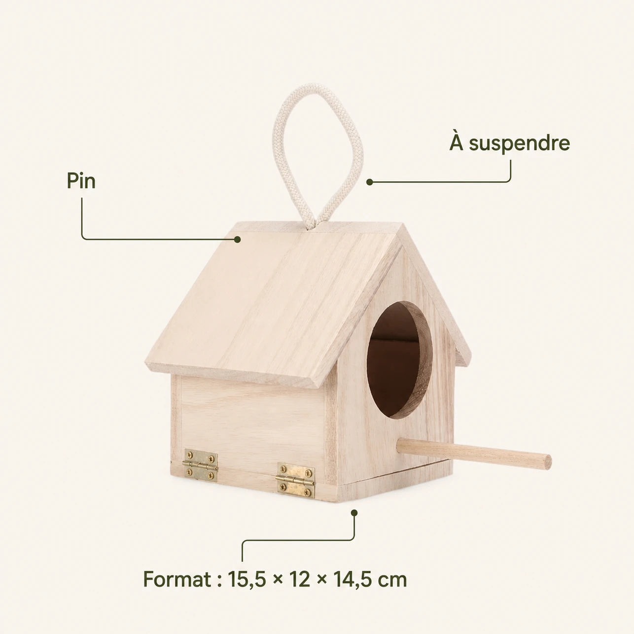 Birdhouse hanging in pine natural size 15,5 × 12 × 14,5 cm — photo 4