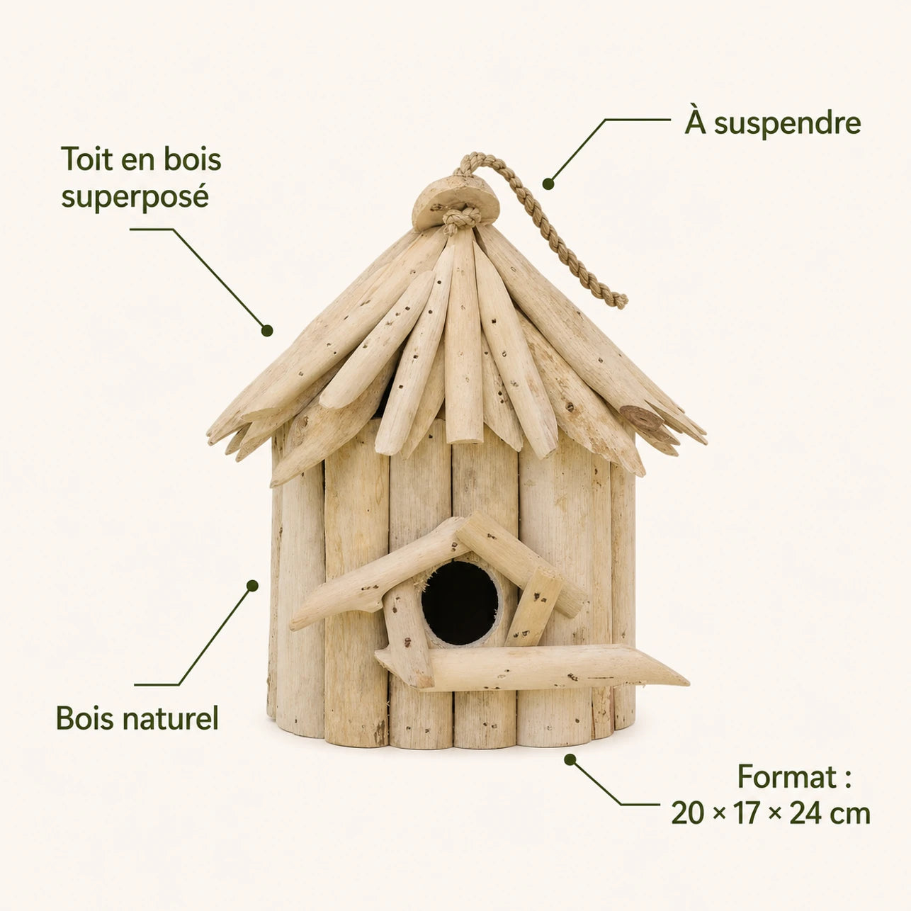 Birdhouse hanging in wood beige size 20 × 17 × 24 cm — photo 4