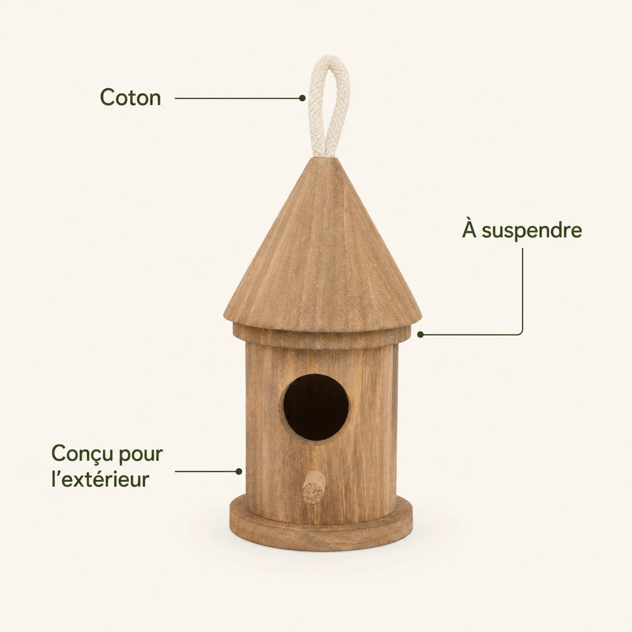 Birdhouse hanging cylindrical in wood with roof conical — photo 4