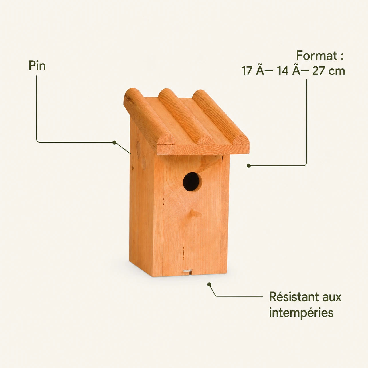 Birdhouse in pine brown size 17 × 14 × 27 cm — photo 4