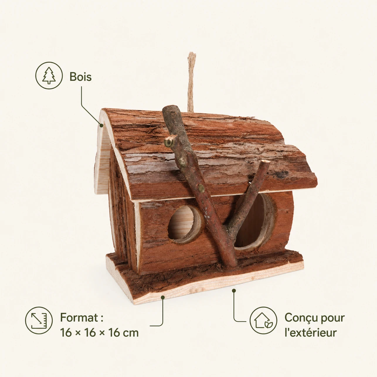 Birdhouse in wood brown size 16 × 16 × 16 cm — photo 4