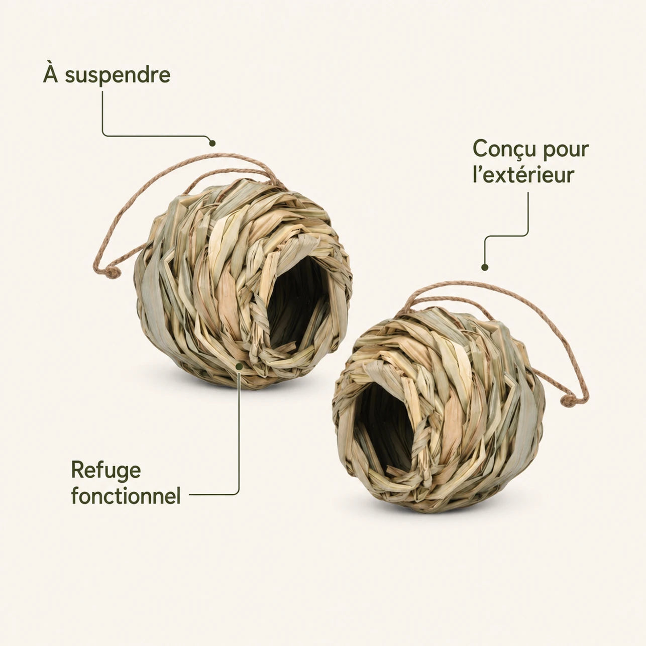 Set of 2 birdhouses hanging round in fibres woven — photo 4