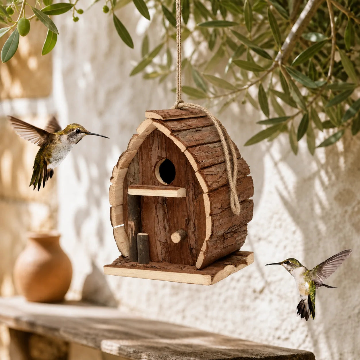 Rustic bark-covered birdhouse in a garden