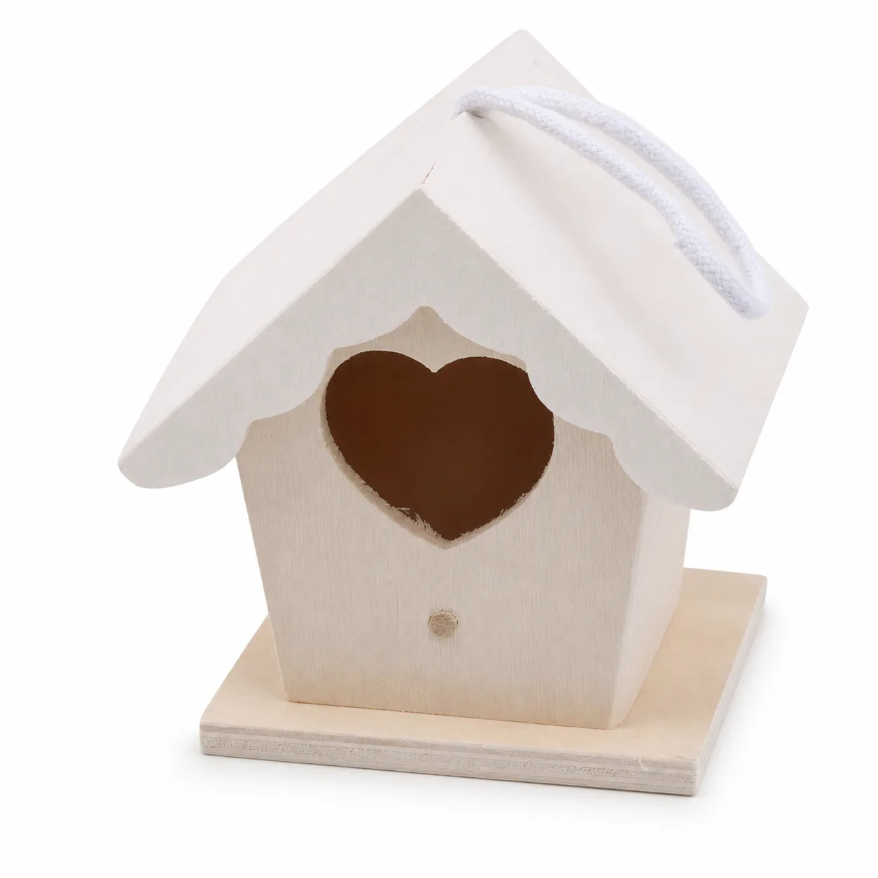 Small pale birdhouse with a heart-shaped entrance