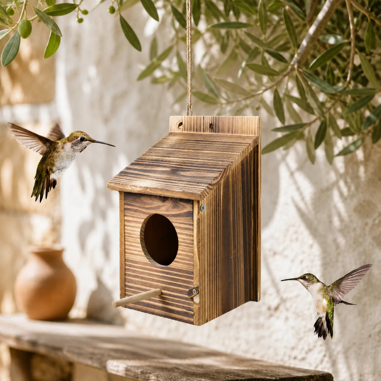 Wooden birdhouse hanging in a leafy garden