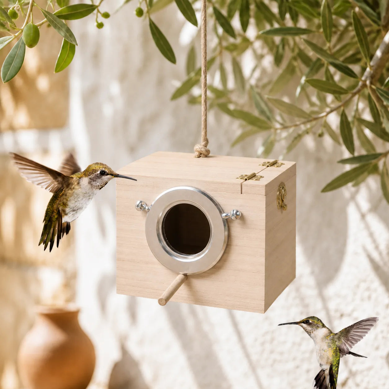 Wooden birdhouse with a metal-rimmed entrance
