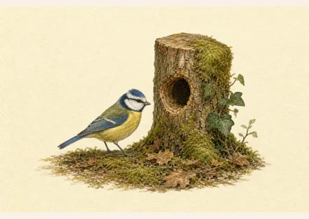 Blue tit inspecting a natural cavity in a tree