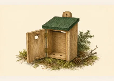 Rectangular birdhouse interior with a rough wall, ventilation and drainage holes