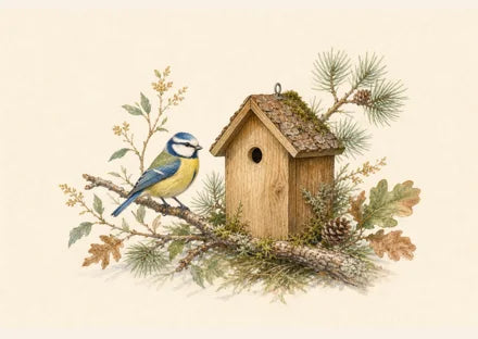 Blue tit in front of a birdhouse with a small entrance