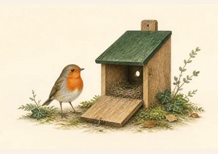 Robin in front of a semi-open birdhouse