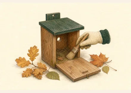 Open birdhouse being cleaned with a small brush in autumn