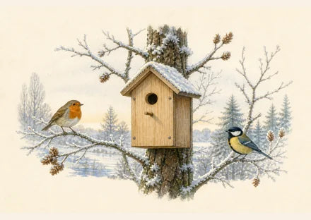 Birdhouse left in place among frosted branches with two birds nearby