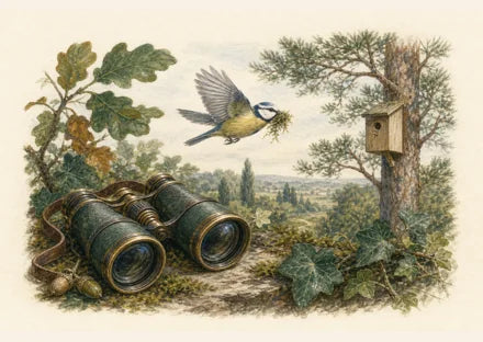 Tit carrying moss towards a birdhouse, observed through binoculars
