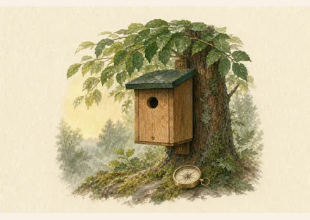 Birdhouse sheltered from rain in soft morning light beside a compass