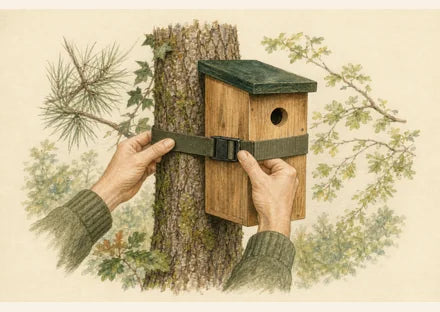 Wooden birdhouse fixed to a tree with a wide protective strap
