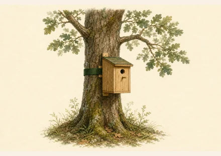 Stable wooden birdhouse against a tree trunk